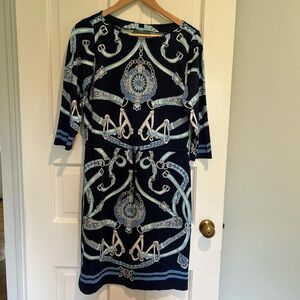 J. McLaughlin Navy and Light Blue Bracelet Sleeve Equestrian Print Dress